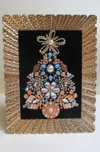 Jeweled Framed Jewelry Art Christmas Tree Gold Black Vintage Aqua Peach Gift - image 1
