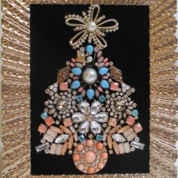 Jeweled Framed Jewelry Art Christmas Tree Gold Black Vintage Aqua Peach Gift - thumbnail 2