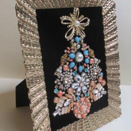 Jeweled Framed Jewelry Art Christmas Tree Gold Black Vintage Aqua Peach Gift - thumbnail 3