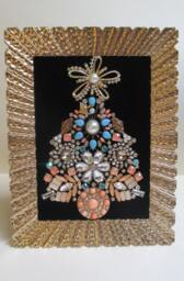 Jeweled Framed Jewelry Art Christmas Tree Gold Black Vintage Aqua Peach Gift - thumbnail 1