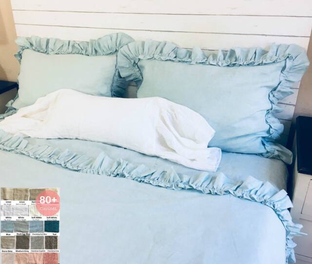 Linen Bed Cover With Vintage Ruffles, Ruffle Sheet, Custom Made - image 1