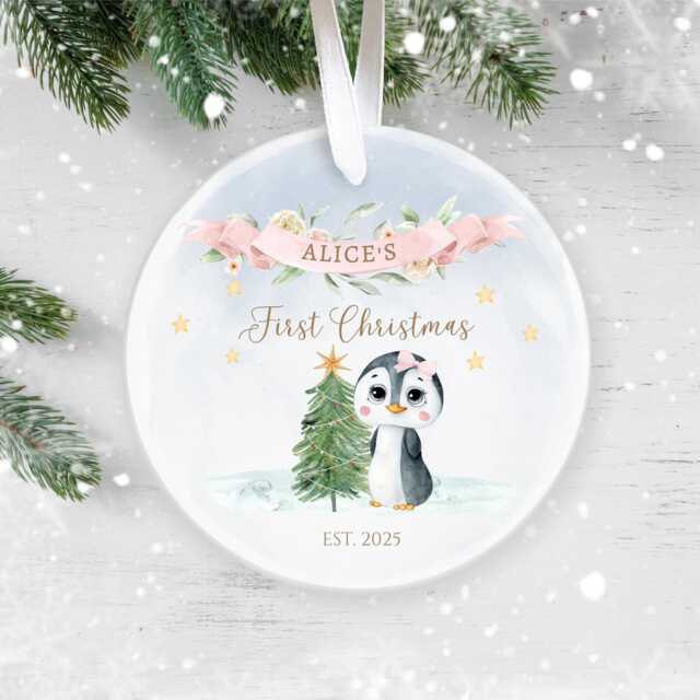Personalised Baby Girl's First Christmas Ornament - Pink Penguin Bauble 2025 Custom Ceramic Keepsake For Newborn - image 1