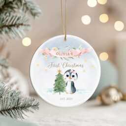 Personalised Baby Girl's First Christmas Ornament - Pink Penguin Bauble 2025 Custom Ceramic Keepsake For Newborn - thumbnail 3