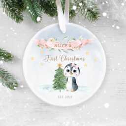 Personalized Baby Girl First Christmas Ornament - Pink Penguin Bauble