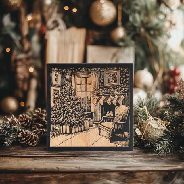 Hung By The Chimney Mini Engraved Birch Wood Panel - Holiday Block Print Style Winter Wall Art, Christmas Scene Print, Secret Santa Gift - image 1