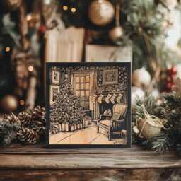 Hung By The Chimney Mini Engraved Birch Wood Panel - Holiday Block Print Style Winter Wall Art, Christmas Scene Print, Secret Santa Gift - thumbnail 1