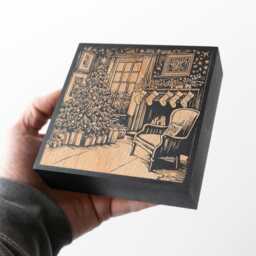 Hung By The Chimney Mini Engraved Birch Wood Panel - Holiday Block Print Style Winter Wall Art, Christmas Scene Print, Secret Santa Gift - thumbnail 3