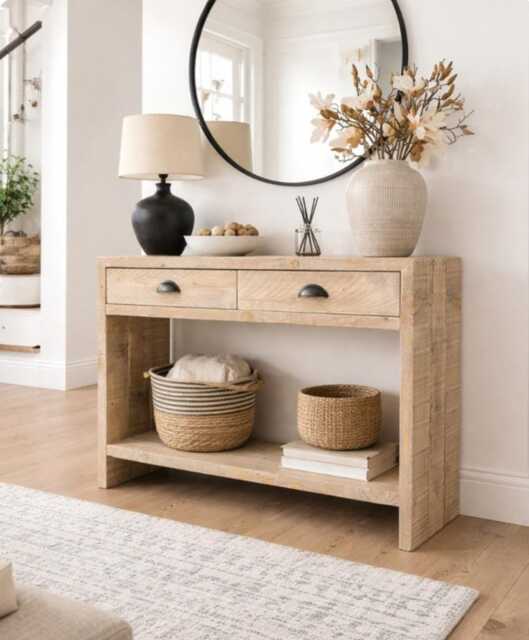 Reclaimed Wood Console Table With Drawers & Shelf Rustic Entryway Furniture - image 1