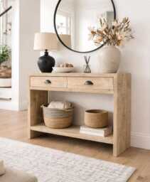 Reclaimed Wood Console Table With Drawers & Shelf Rustic Entryway Furniture - thumbnail 1