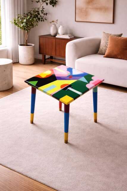 Resin Coffee Table, Square Colorful Abstract Boho Side Table - image 1