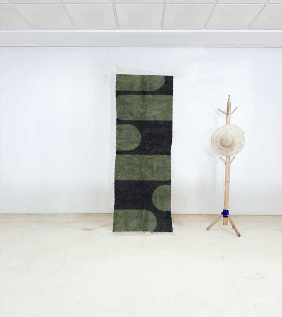 Narrow Moroccan Wool Runner - Olive Green & Black Abstract Design - Handmade Hallway Rug Modern Beni Ourain Style Berber - image 1