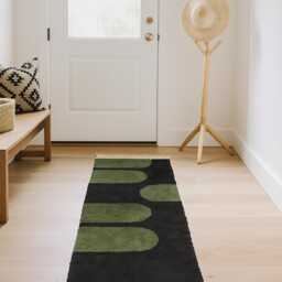 Narrow Moroccan Wool Runner - Olive Green & Black Abstract Design - Handmade Hallway Rug Modern Beni Ourain Style Berber - thumbnail 2