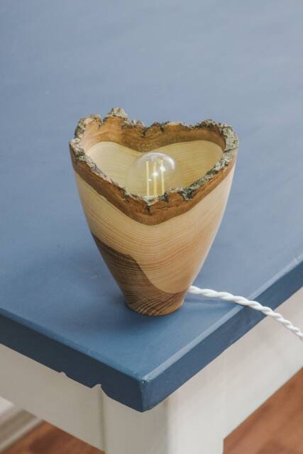 Table Lamp Mid Century, Wooden Hand Carved Desk Night Lamp, Rustic Decorative Shade - image 1