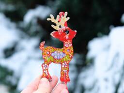 Deer Christmas Ornament, Ukrainian Decoration, Wooden Reindeer, Painted Silhouette Unique Animal Ornament - thumbnail 1