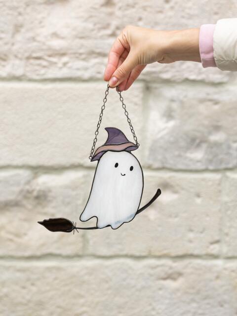 Mystical Funny Ghost On Broomstick Stained Glass Suncather. Halloween Spooky Decor, Funny Wall Sun Catcher - image 1