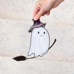 Mystical Funny Ghost On Broomstick Stained Glass Suncather. Halloween Spooky Decor, Funny Wall Sun Catcher - thumbnail 3