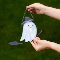 Mystical Funny Ghost On Broomstick Stained Glass Suncather. Halloween Spooky Decor, Funny Wall Sun Catcher - thumbnail 4