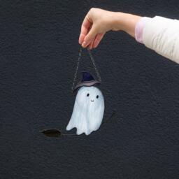 Mystical Funny Ghost On Broomstick Stained Glass Suncather. Halloween Spooky Decor, Funny Wall Sun Catcher - thumbnail 2