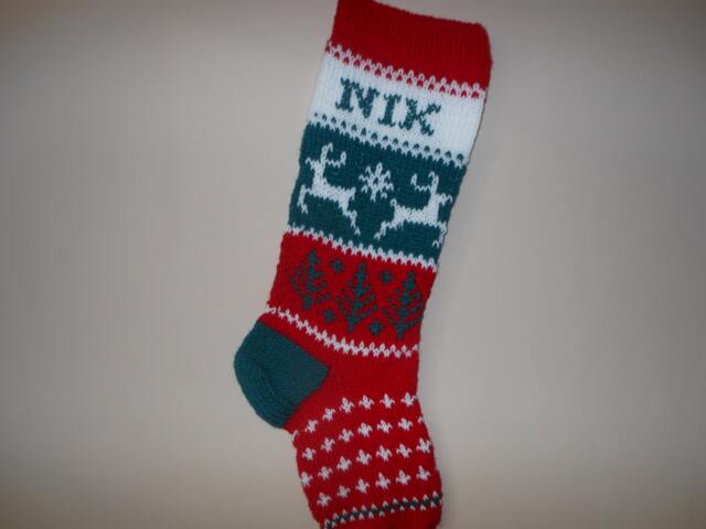 Personalized Christmas Stocking Hand Knitted With Reindeer Gift Decoration - image 1