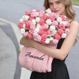 Handmade Crochet Rose Bouquet Blanket, Embroidered Name Throw