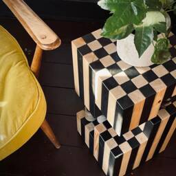 Sculptural Chess End Table - Black & White Maximal Modern Side Solid Wood Block Sofa - thumbnail 2