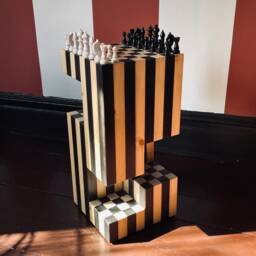 Sculptural Chess End Table - Black & White Maximal Modern Side Solid Wood Block Sofa - thumbnail 3