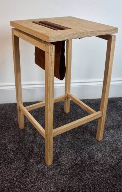 Handmade Oak Bedside Table Modern Nightstand With Leather Magazine Pouch - image 1