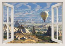 Hot Air Balloons Wall Decal, Mountains View 3D Window Frame, Mural, Home Decor Mural
