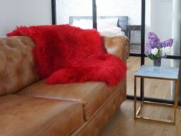 Sheepskin Red X Throw Genuine Leather Wool Carpet Decorative Rug Green Comfy, Cozy, Hair Is Very Thick, Shiny - thumbnail 1