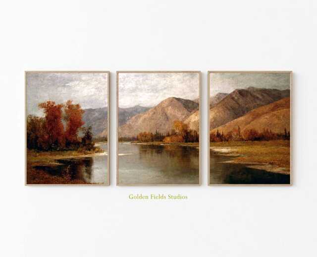 Vintage Mountain Landscape Prints Set Rustic Autumn Wall Art Triptych - image 1
