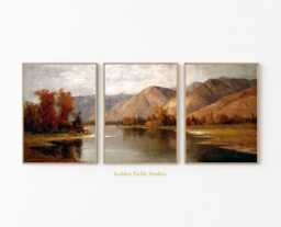 Vintage Mountain Landscape Prints Set Rustic Autumn Wall Art Triptych - thumbnail 1