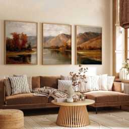 Vintage Mountain Landscape Prints Set Rustic Autumn Wall Art Triptych - thumbnail 3