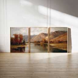 Vintage Mountain Landscape Prints Set Rustic Autumn Wall Art Triptych - thumbnail 2