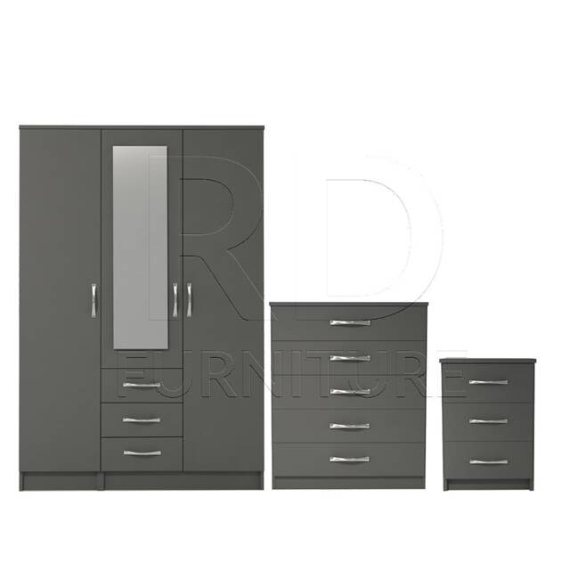 Bedroom Set, Grey Set, Wardrobe, Mirrored Chest Of Drawers & Bedside Table. Ready Assembled - image 1
