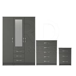 Bedroom Set, Grey Set, Wardrobe, Mirrored Chest Of Drawers & Bedside Table. Ready Assembled