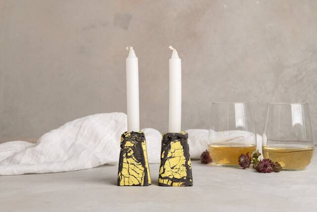 Modern Handmade Pottery Black & Yellow Candlestick Holder Set, Ceramic Candle Holders, Romantic Gift For Valentines Day - image 1