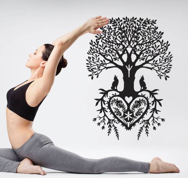 Tree Of Life Vinyl Wall Decal Wolves, Heart Roots, Yoga Decor Se024 - image 1