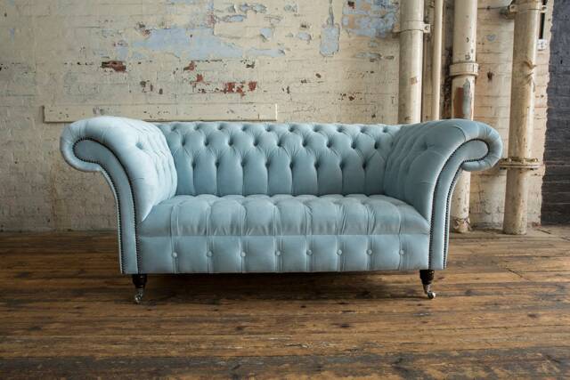 British Handmade Dusty Blue Velvet 2 Seater Chesterfield Sofa - image 1