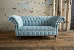 British Handmade Dusty Blue Velvet 2 Seater Chesterfield Sofa - thumbnail 1