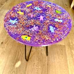 Handmade Purple Sparkly Care Bears Resin Side Table With Wrought Iron Legs - thumbnail 4