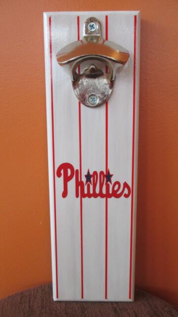 Philadelphia Phillies Wall Mounted Wooden Magnetic Bottle Opener With Magnetic Cap Catcher Bottle Catching Opener - image 1