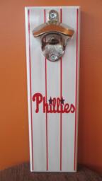 Philadelphia Phillies Wall Mounted Wooden Magnetic Bottle Opener With Magnetic Cap Catcher Bottle Catching Opener - thumbnail 1