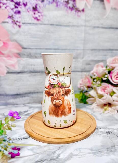 Highland Cow Hand Decoupaged Glass Vase, Flower Vase, Cow Vase, Home Decor, Gift For Her, Gift, New Home Gift, Cow Gift, Desig - image 1