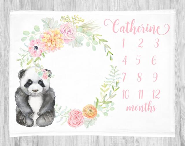 Panda Baby Girl Milestone Blanket-Baby Gift -Baby Month Blanket -Growth Blanket-Personalized - Floral Wreath - image 1