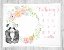 Panda Baby Girl Milestone Blanket-Baby Gift -Baby Month Blanket -Growth Blanket-Personalized - Floral Wreath - thumbnail 1