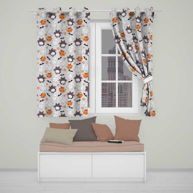 Cute Kawaii Ghost Bat Candy Pumpkin Seamless Pattern Cream Background Readymade Eyelet Ring Top Thermal 100% Blackout Curtains - image 1