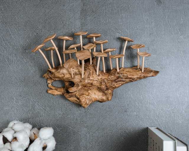 Wood Carved Mushroom Wall Decor Hanging Sculpture, 12 - image 1