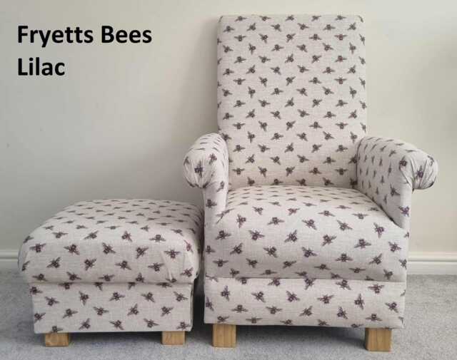 Fryetts Bees Fabric Adult Chair & Footstool Armchair Honey Bumble Natural Duck Egg Accent Nursery Bedroom Statement Small Green Nursing - image 1
