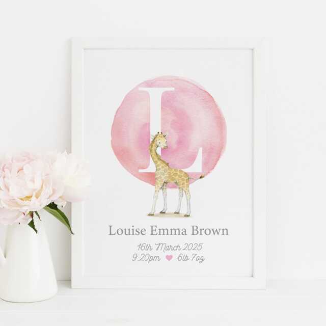 New Baby Girl Gift - Personalised Giraffe Print - image 1