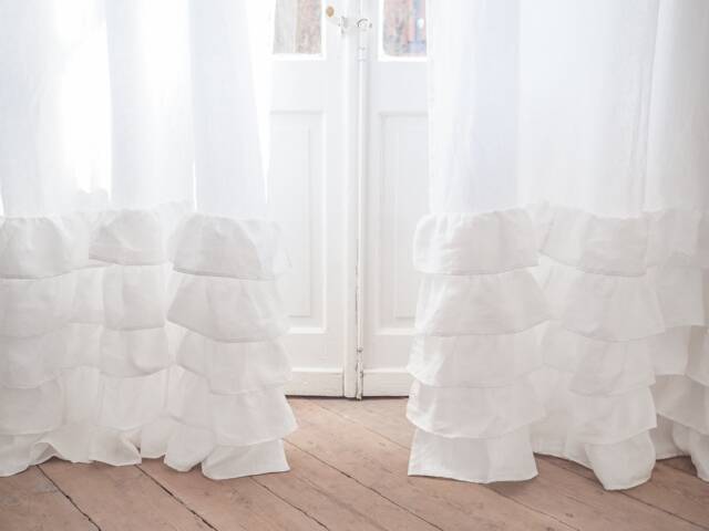 White Linen Ruffled Curtain Panel, Stonewashed Medium Weight - image 1